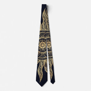 Elegant Gold Sun Mandala Blue Nebula Design Neck Tie