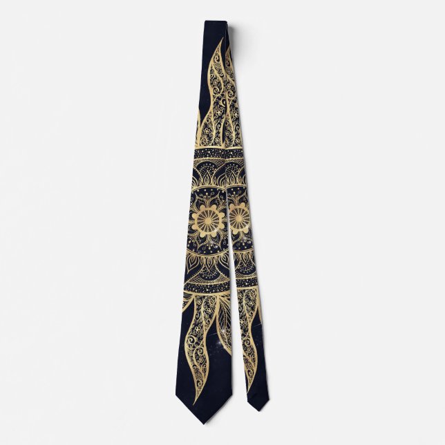 Elegant Gold Sun Mandala Blue Nebula Design Neck Tie (Front)