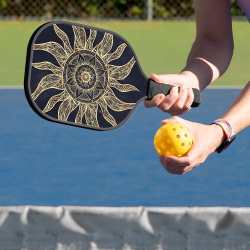 Elegant Gold Sun Mandala Blue Nebula Design Pickleball Paddle