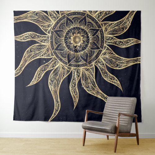 Elegant Gold Sun Mandala Blue Nebula Design Tapestry