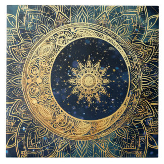 Elegant Gold Sun Mandala Celestial Aesthetic Decor Ceramic Tile