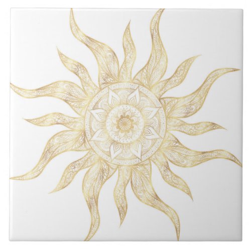 Elegant Gold Sun Mandala Design Ceramic Tile