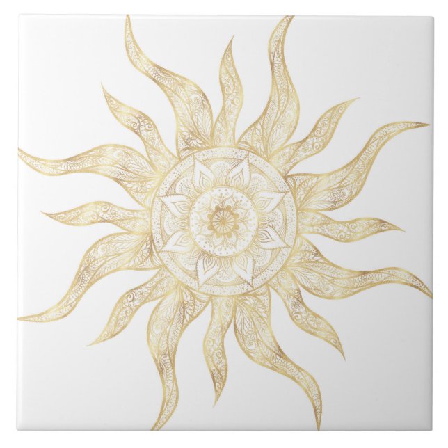 Elegant Gold Sun Mandala Design Ceramic Tile (Front)