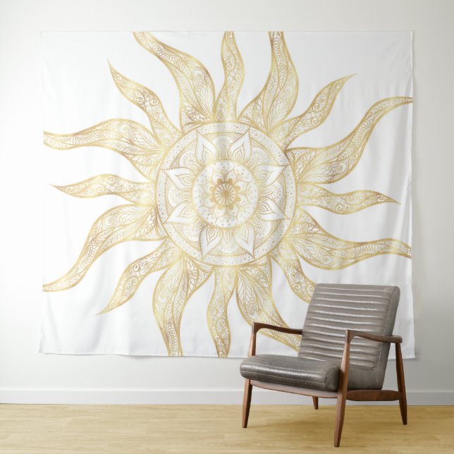 Elegant Gold Sun Mandala Design Tapestry (In Situ (Horizontal))