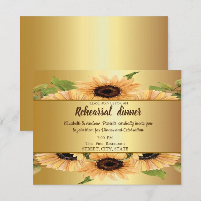 Elegant Gold,Sunflowers Rehearsal Dinner Invitation (Front/Back)