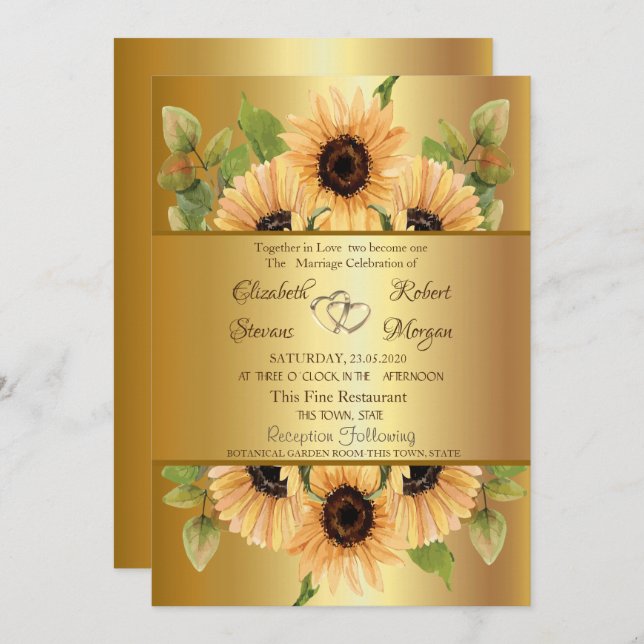 Elegant  Gold Sunflowers  Wedding Invitation (Front/Back)