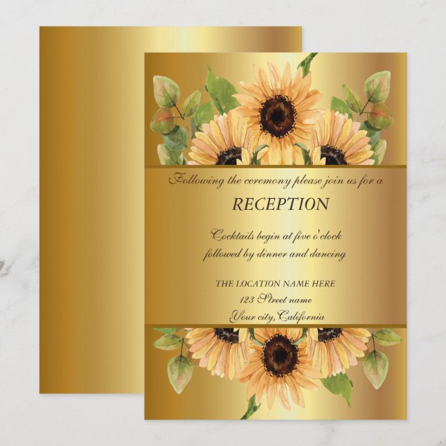 Elegant Gold,Sunflowers Wedding Reception Invitation (Front/Back)