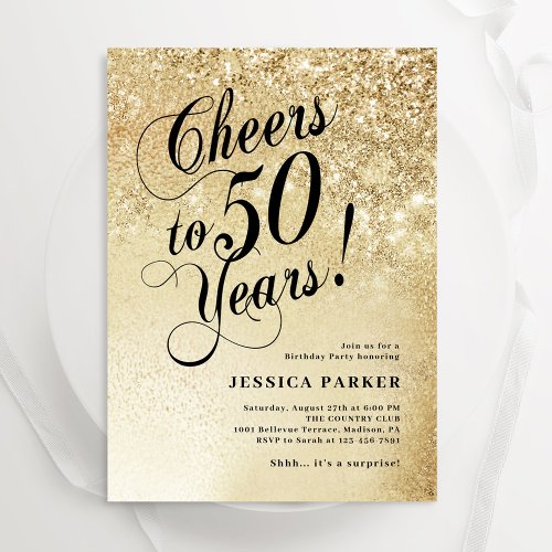Elegant Gold Surprise 50th Birthday Invitation