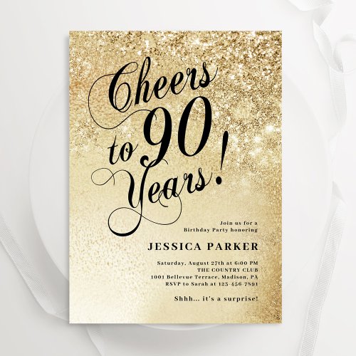 Elegant Gold Surprise 90th Birthday Invitation