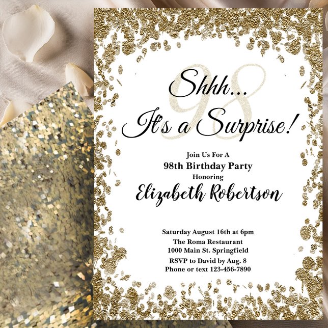 Elegant Gold Surprise 98th Birthday Invitation (Creator Uploaded)