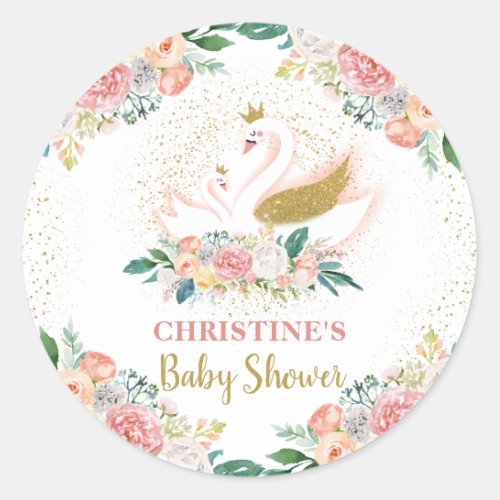 Elegant Gold Swan Princess Pink Floral Baby Shower Classic Round Sticker
