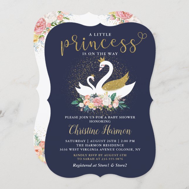 Elegant Gold Swan Princess Pink Floral Baby Shower Invitation (Front/Back)