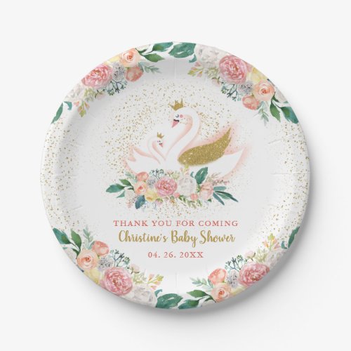 Elegant Gold Swan Princess Pink Floral Baby Shower Paper Plates