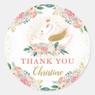 Elegant Gold Swan Princess Pink Floral Thank You Classic Round Sticker
