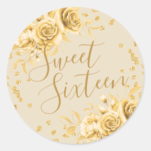 Elegant Gold Sweet 16 Birthday Floral Glitter Classic Round Sticker