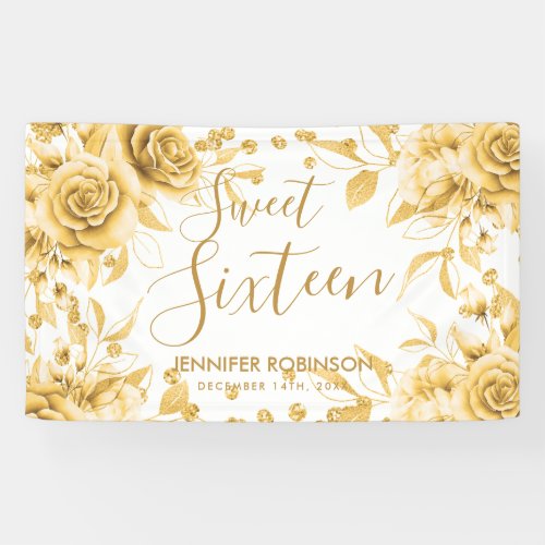 Elegant Gold Sweet 16 Glitter Confetti Floral Banner