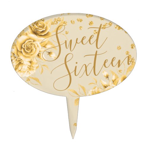 Elegant Gold Sweet 16 Glitter Confetti Floral Cake Topper