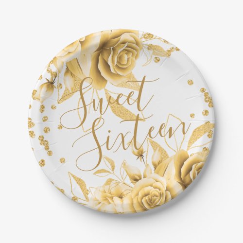 Elegant Gold Sweet 16 Glitter Confetti Floral Paper Plates