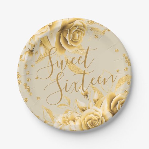 Elegant Gold Sweet 16 Glitter Confetti Floral Paper Plates