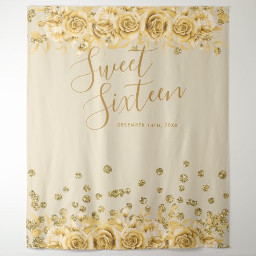 Elegant Gold Sweet 16 Glitter Confetti Floral Tapestry