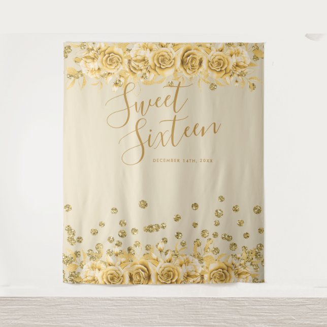 Elegant Gold Sweet 16 Glitter Confetti Floral Tapestry (Front)