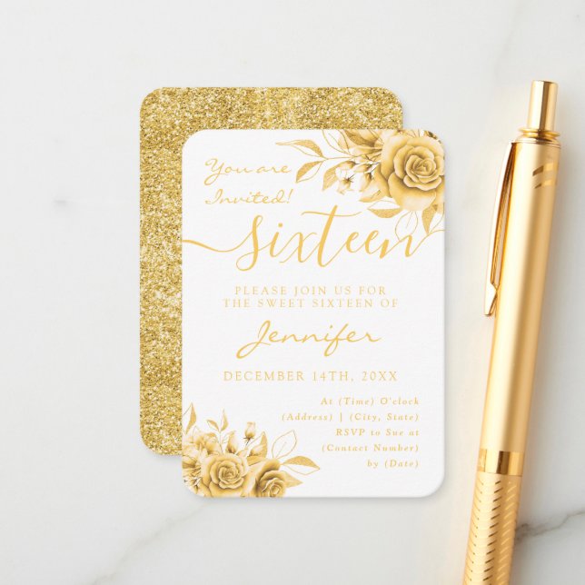 Elegant Gold Sweet 16 Glitter Floral Invite  (Front/Back In Situ)
