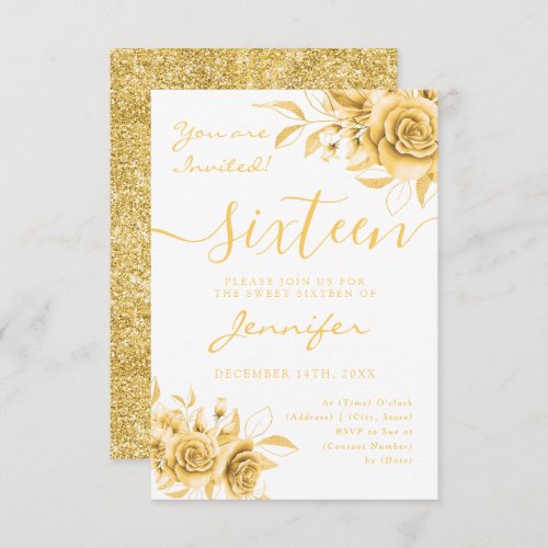 Elegant Gold Sweet 16 Glitter Floral  RSVP Card