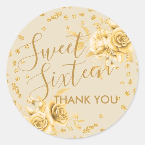 Elegant Gold Sweet 16 Thank You Floral Glitter Classic Round Sticker