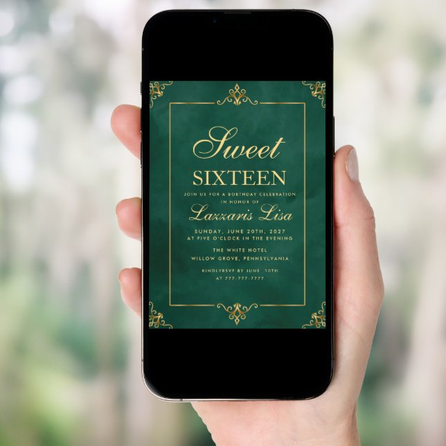 Elegant Gold Sweet Sixteen 16 Green Birthday Invitation (Front Digital)