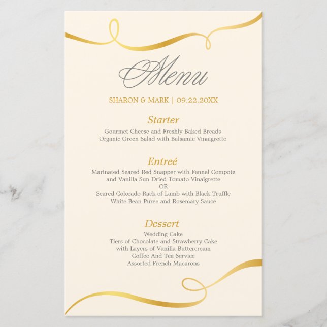Elegant Gold Swirl Dinner Menu | Editable Color (Front)
