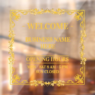 Elegant Gold Swirl Frame Transparent Opening Hours Window Cling