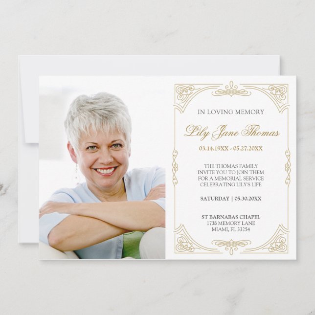 Elegant Gold Swirl Funeral Invitation | Edit Color (Front)