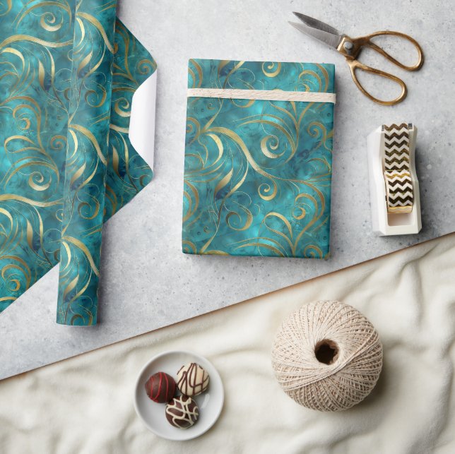 Elegant Gold Swirl Pattern on Turquoise Background Wrapping Paper (Crafts)