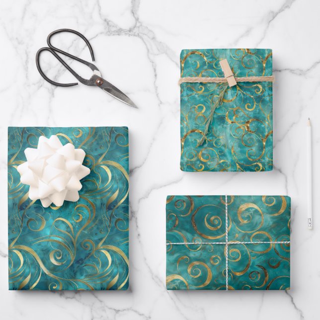 Elegant Gold Swirl Pattern on Turquoise Background Wrapping Paper Sheets (Front)