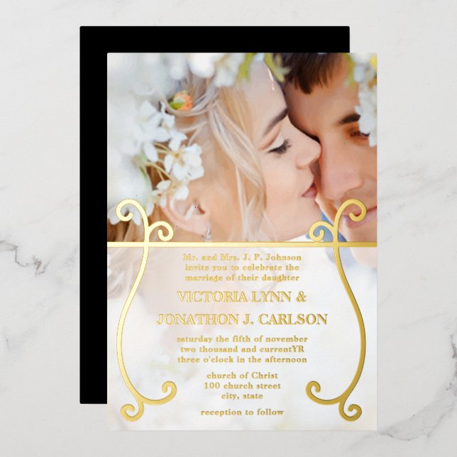 Elegant Gold Swirl Photo Wedding    Foil Invitation (Front/Back)