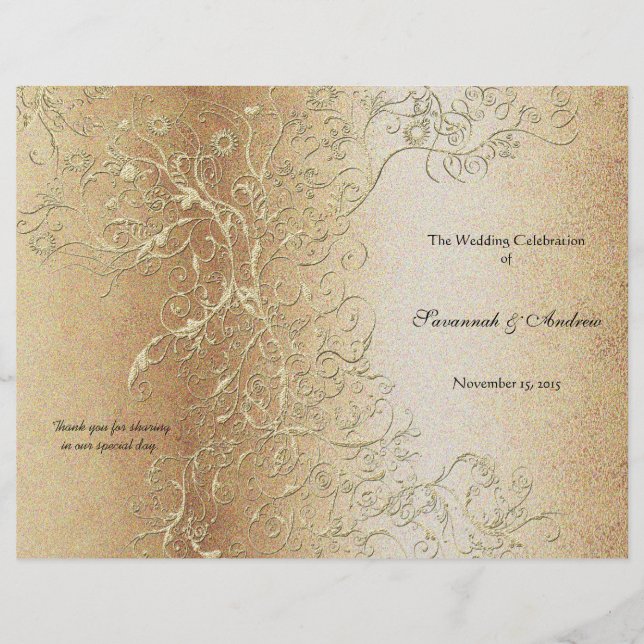 Elegant Gold Swirl with Black Font Wedding Program (Front)