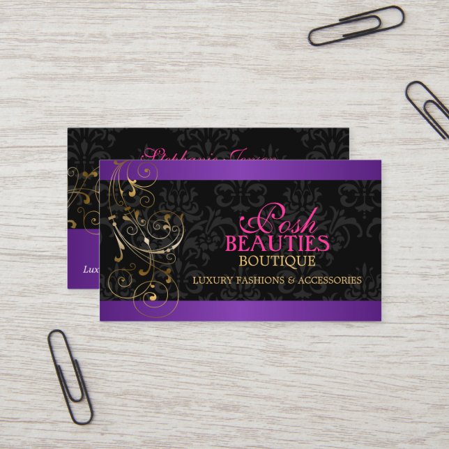 Elegant Gold Swirls and Damask Business Card (Front/Back In Situ)