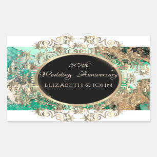 Elegant Gold Swirls Anniversary Green Marble Rectangular Sticker