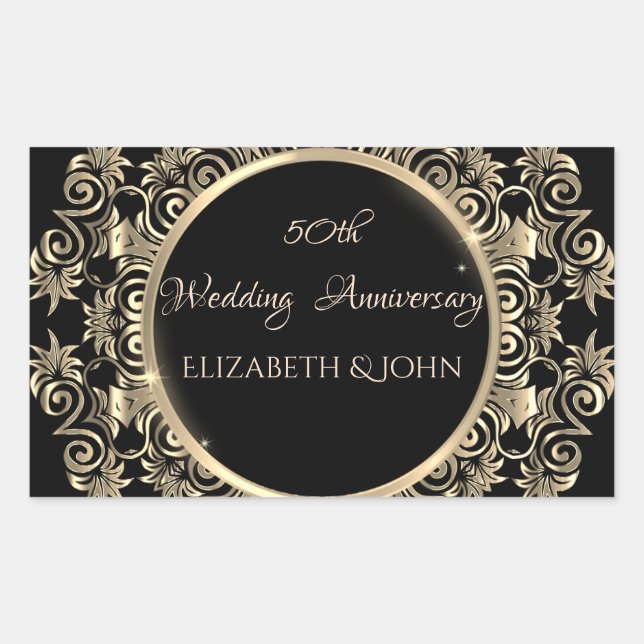 Elegant Gold Swirls Anniversary Rectangular Sticker (Front)