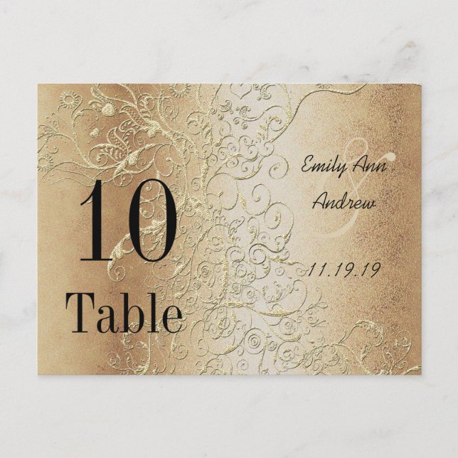 Elegant Gold Swirls Black Font Table Numbers (Front)