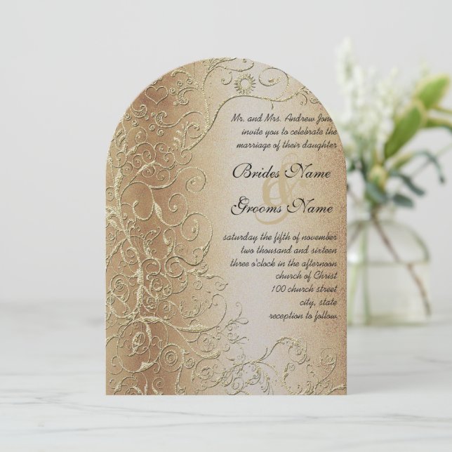 Elegant Gold Swirls Black Font Wedding Invitation (Standing Front)