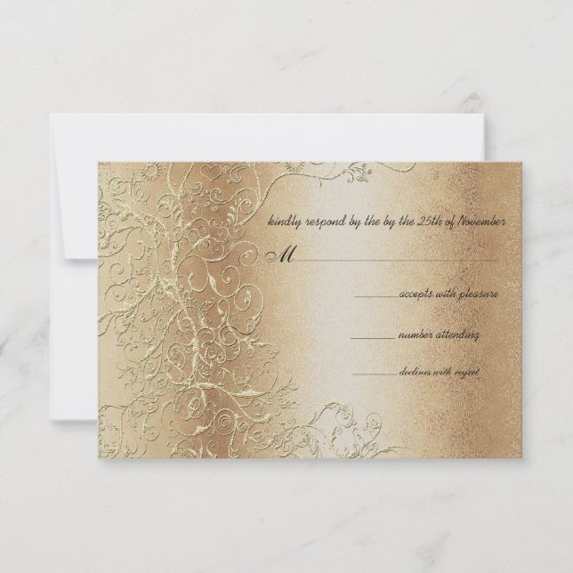 Elegant Gold Swirls Black Font Wedding RSVP Card (Front)