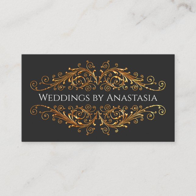 Elegant Gold Swirls Black Glow Business Card (Front)