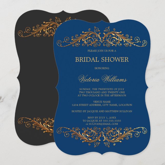 Elegant Gold Swirls Blue Invitation (Front/Back)