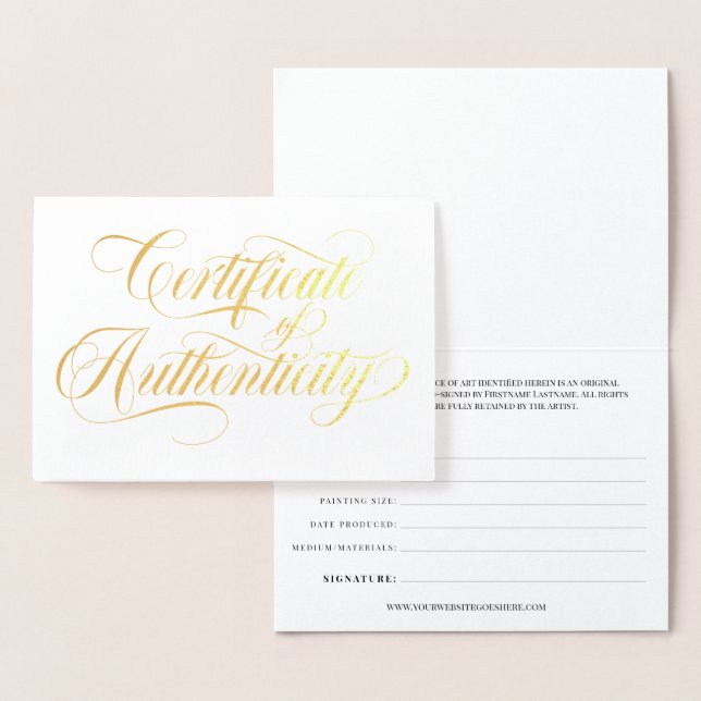 Elegant Gold Swirls Certificate of Authenticity Foil Card (Display)