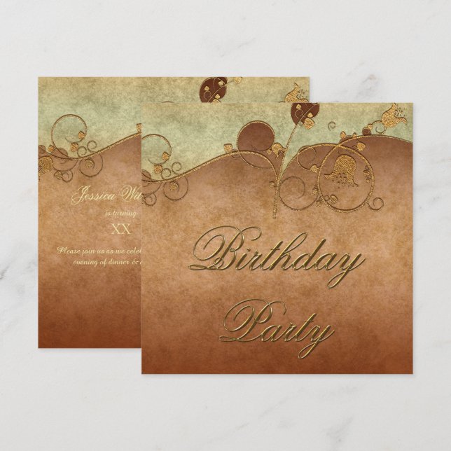 Elegant Gold Swirls & Floral Decorations Birthday Invitation (Front/Back)
