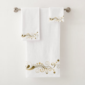 Elegant Gold Swirls Floral Stripe Bath Towel Set