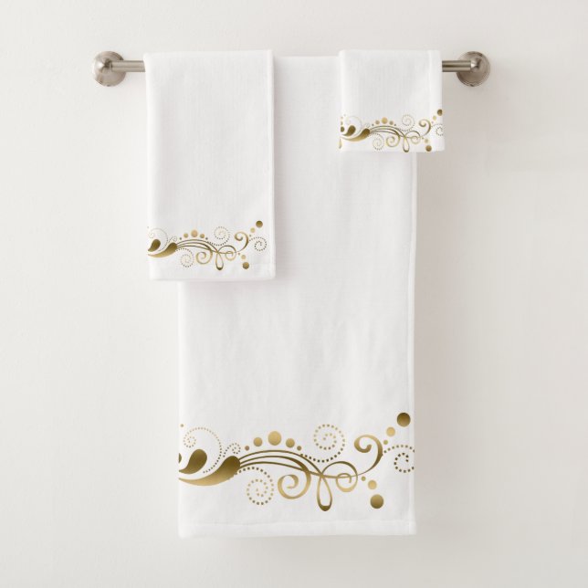 Elegant Gold Swirls Floral Stripe Bath Towel Set (Insitu)