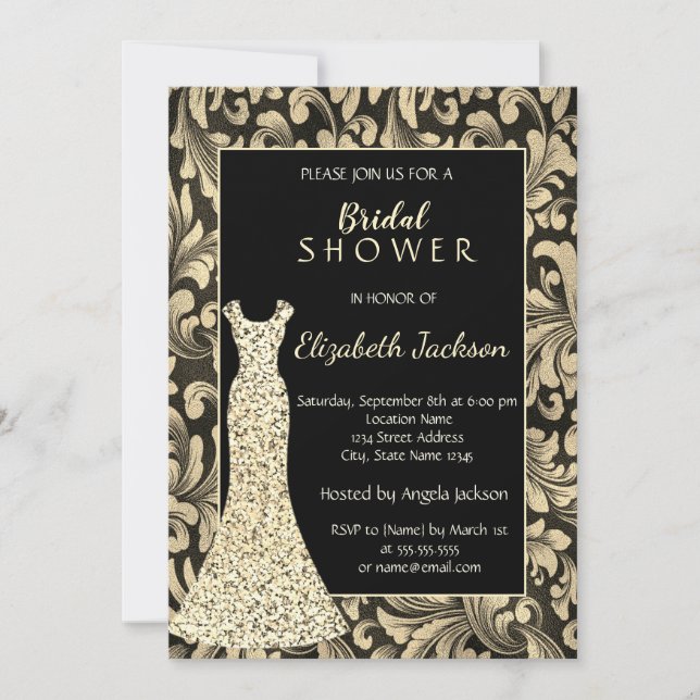 Elegant Gold Swirls,Glitter Dress Bridal Shower Invitation (Front)