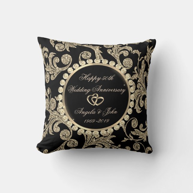 Elegant Gold Swirls,Heart 50th Wedding Anniversary Throw Pillow (Front)